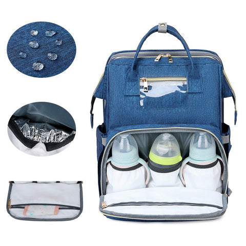 Maternity backpack with internal aluminum pocket that keeps bottles warm