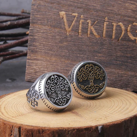 viking rings with yggdrasil tree of life symbol