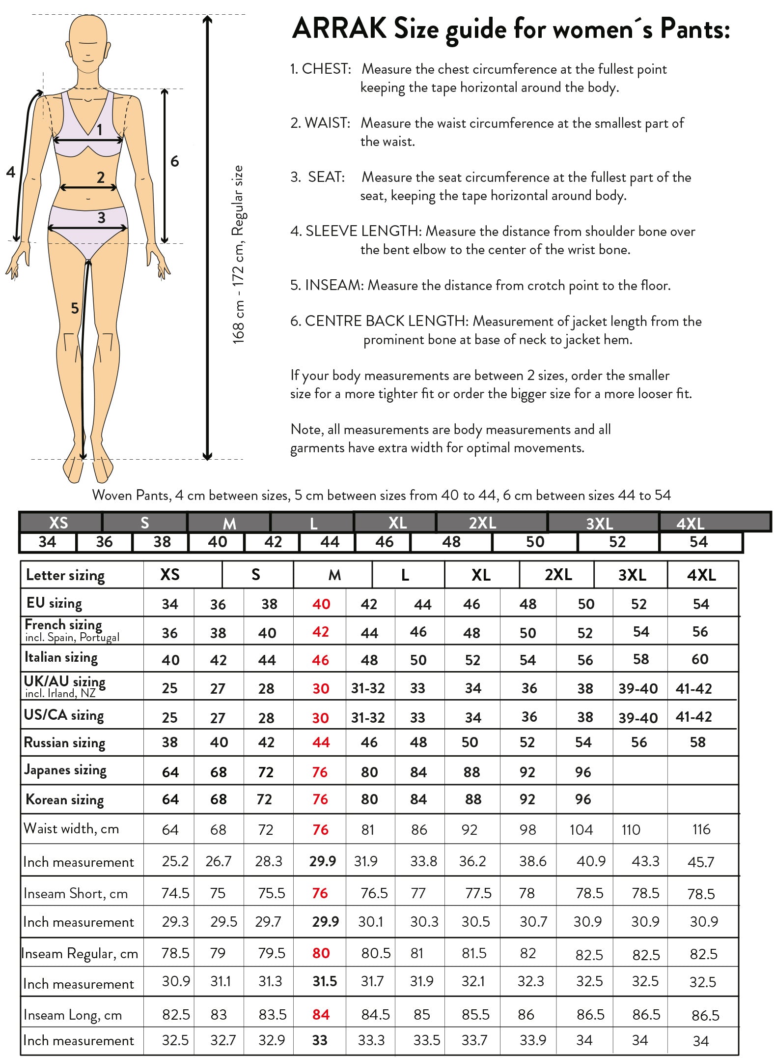 Women's Size Chart – Arrak Outdoor USA