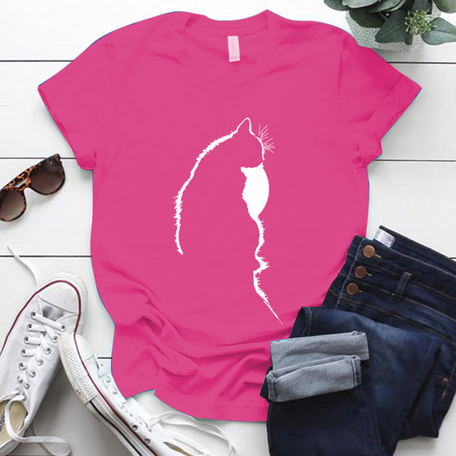 Femme T-shirts Tops Kawaii Cute Cat Silhouette Printing Aesthetic Grap -  Only Cat Shirts