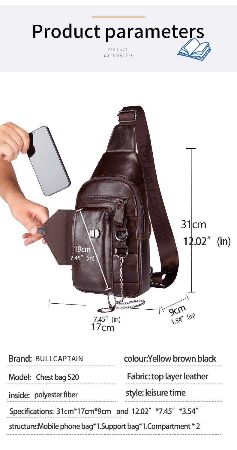 BULLCAPTAIN Leather Men Crossbody Shoulder Bag Chest Bag Sling Backpac