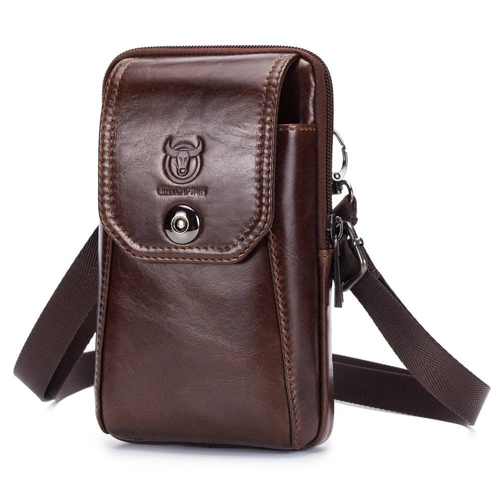 BULLCAPTAIN Leather Men Waist Packs Phone Pouch Mini Shoulder Bag