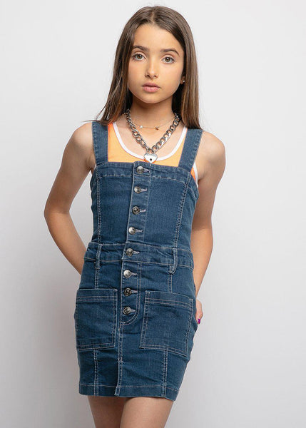 Girls Denim Button-down Dress With Heart Embroidery 9-16 Years | TeenzShop