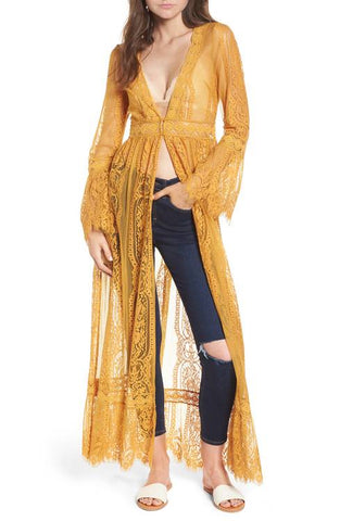 mustard yellow long lace kimono