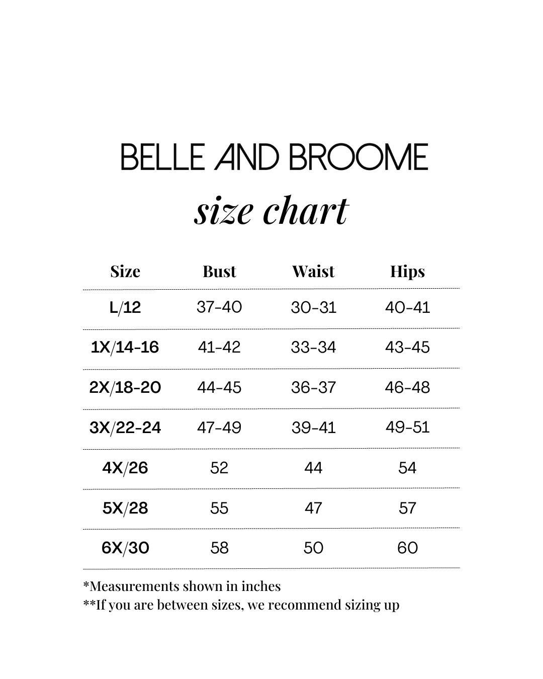 Belle and Broome size chart