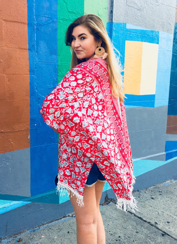 LILY red printed plus size kimono