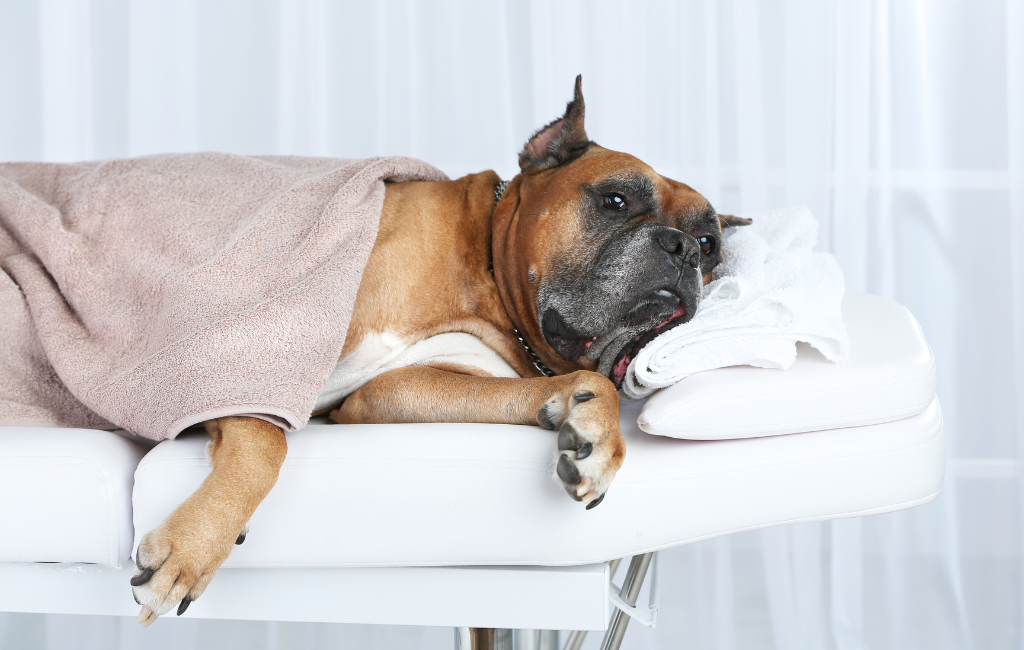 Boxer dog laying on bed with blanket