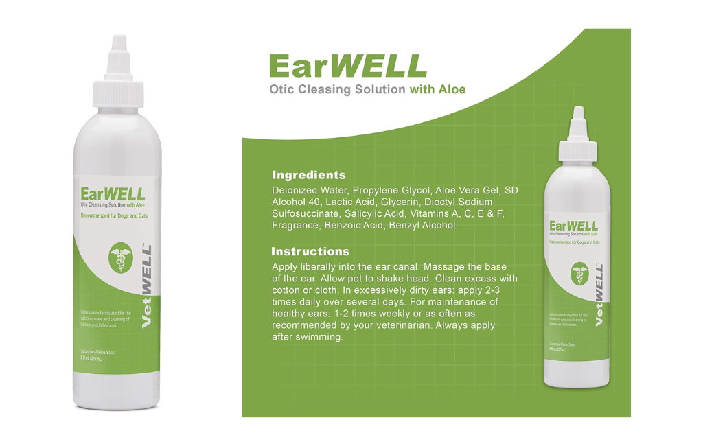 VetWELL Ear Cleaner for Dogs and Cats - Otic Rinse for Infections and Controlling Ear Infections and Odor in Pets - 8 oz Cucumber Melon