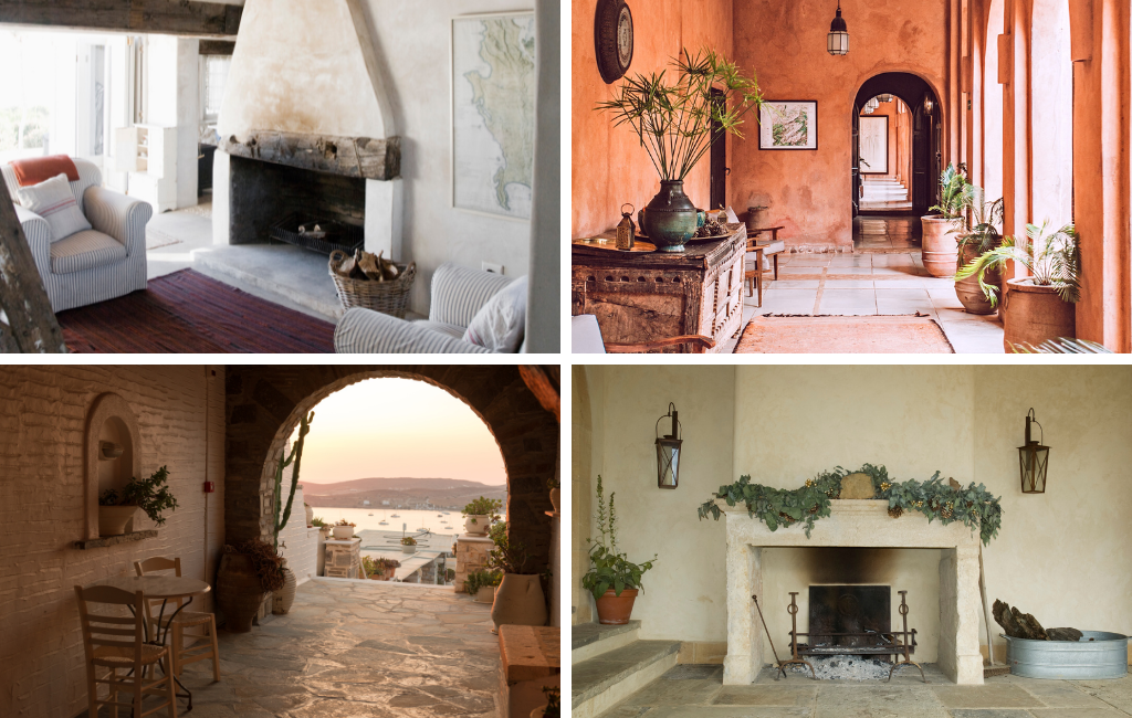 mediterranean interior design style fireplace room stucco terracotta arches