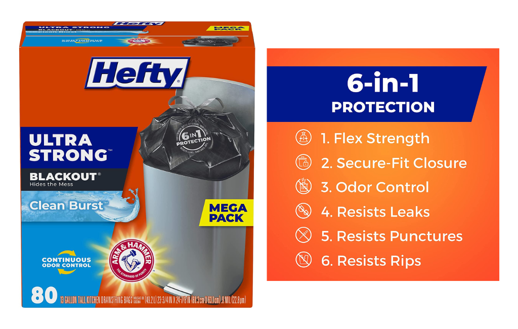 Hefty Ultra Strong Tall Kitchen Trash Bags - Blackout Clean Burst -13 Gallon 80 Count
