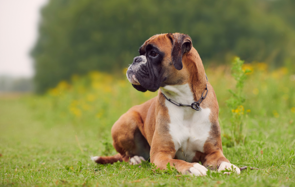 Boxer dog lying on ground in grass looking to the side showing off short snout and underbite of brachycephalic breed