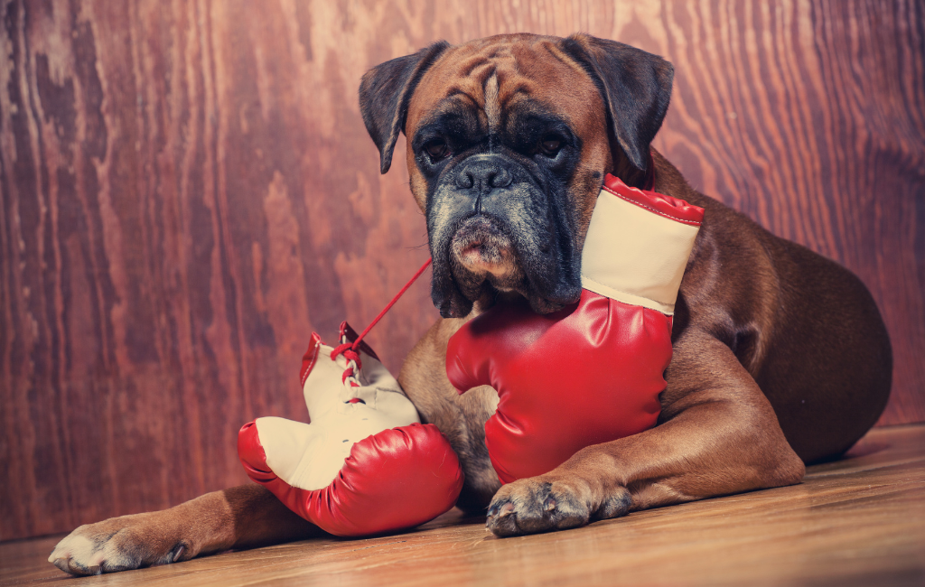 Boxer dog with boxing gloves