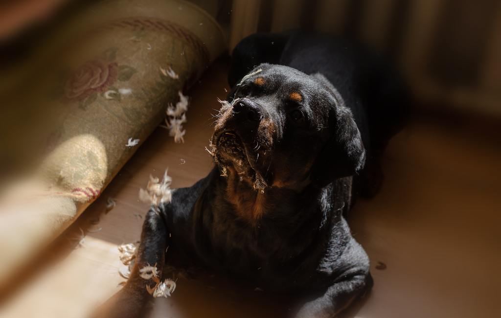 Rottweiler dog on the wood floor with feathers from torn pillow in air and on face