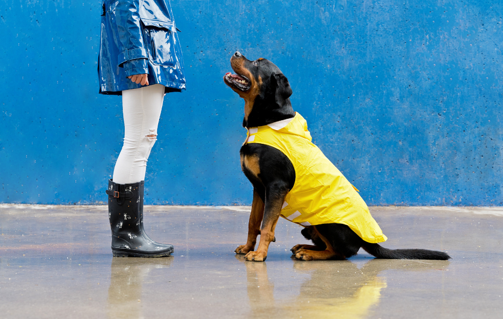 Rottweiler dog in yellow raincoat training with woman in the rain
