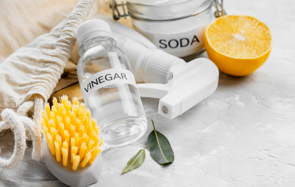 high angle eco friendly cleaning products DIY white vinegar baking soda lemon brushes spray bottle