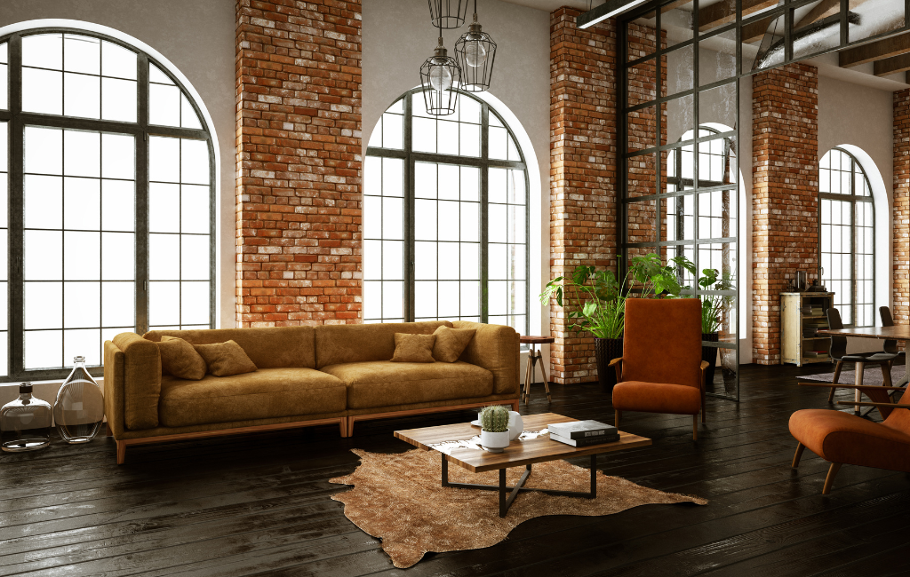 industrial interior design style living room loft exposed brick cow hide