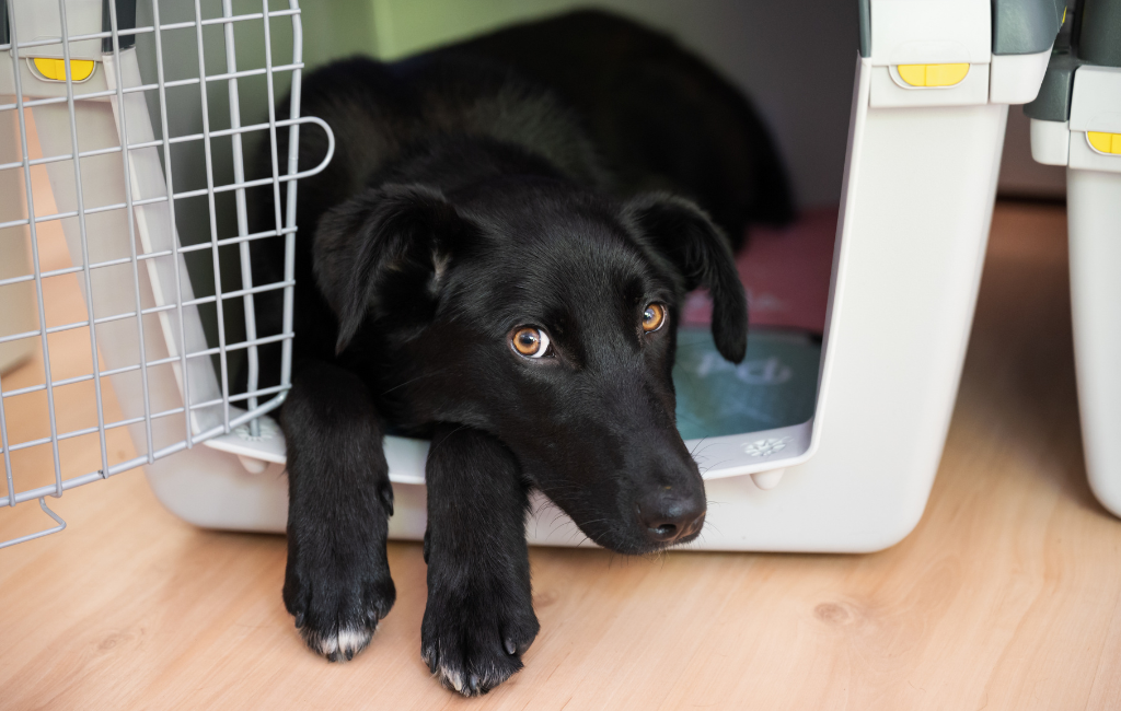 black dog in a crate shepherd mutt mixed breed black dog syndrome adopt black dogs