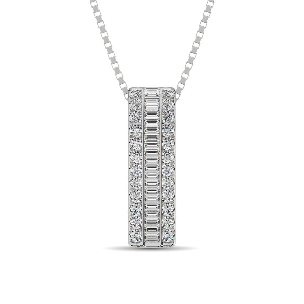 14K White Gold Round And Baguette Diamond 1/3 CT.TW. Drop Bar Pendant