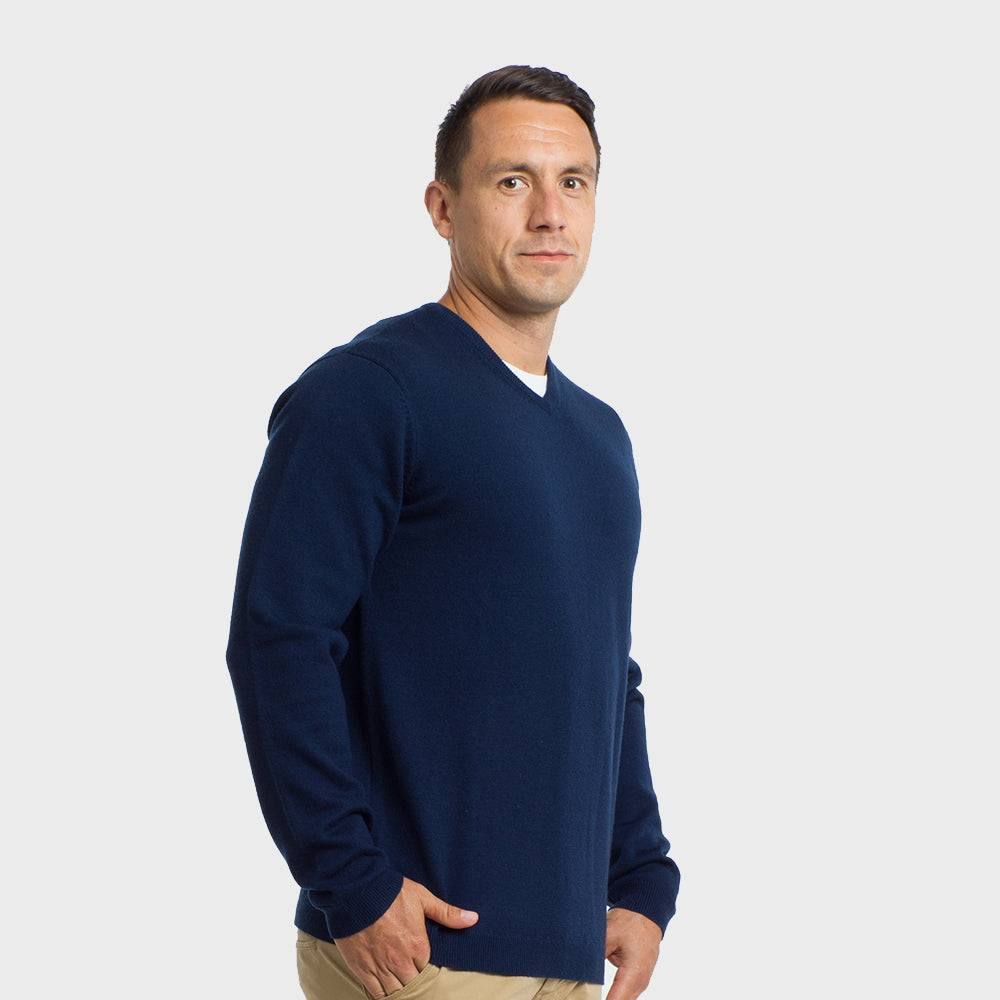 Dark Navy V Neck Premium Merino Sweater | DIZAIN