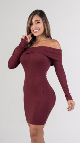 off the shoulder ribbed sweater dress