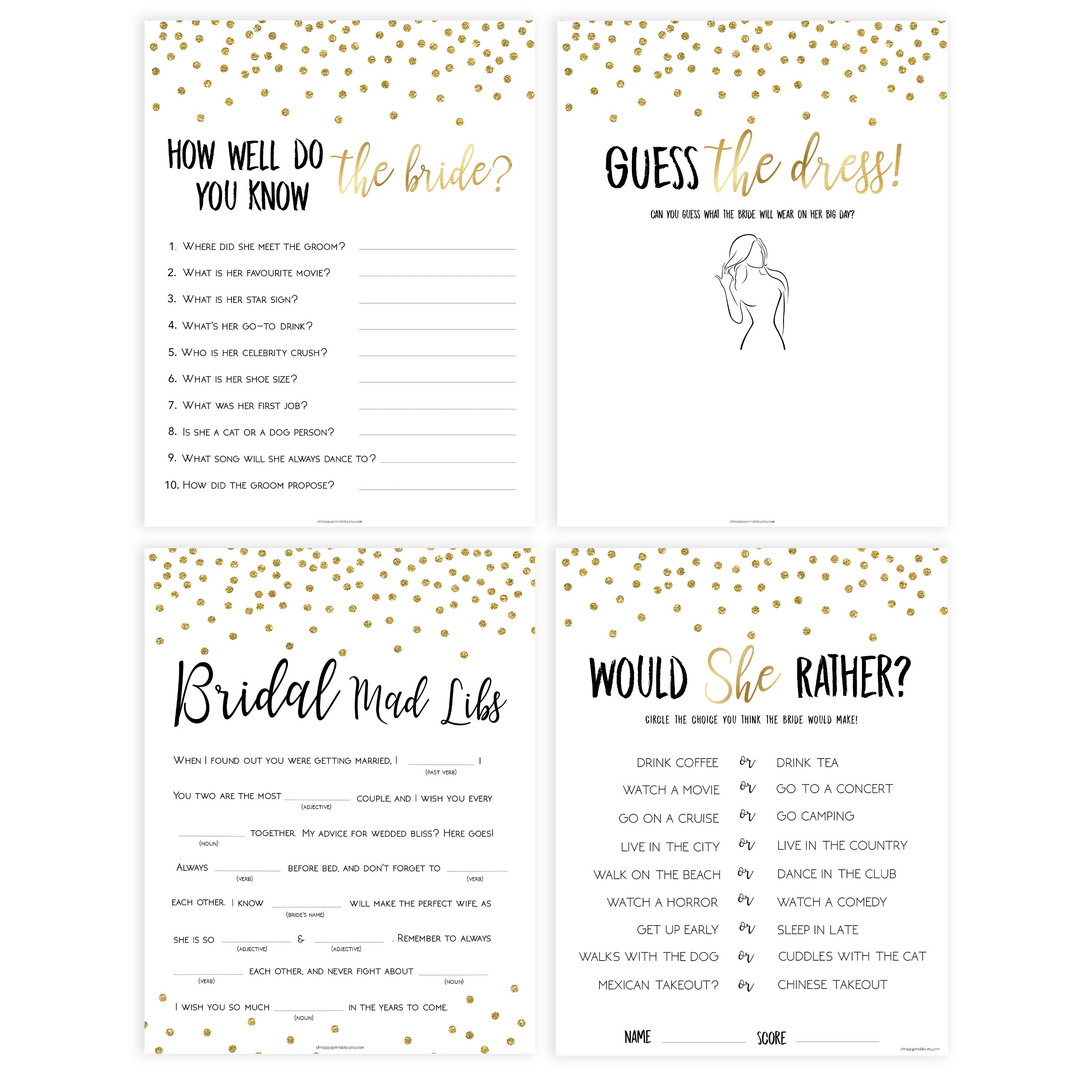 Gold Bridal Shower Games Bundle | Shop Printable Bridal Games ...