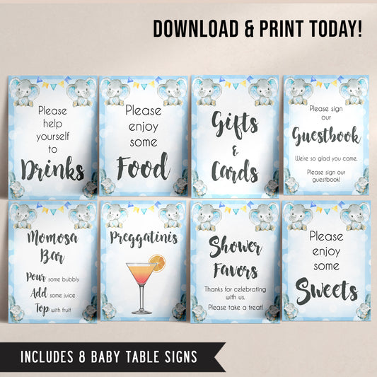 8 Baby Shower Table Signs - Yellow Elephants Printable Baby Shower Signs –  OhHappyPrintables