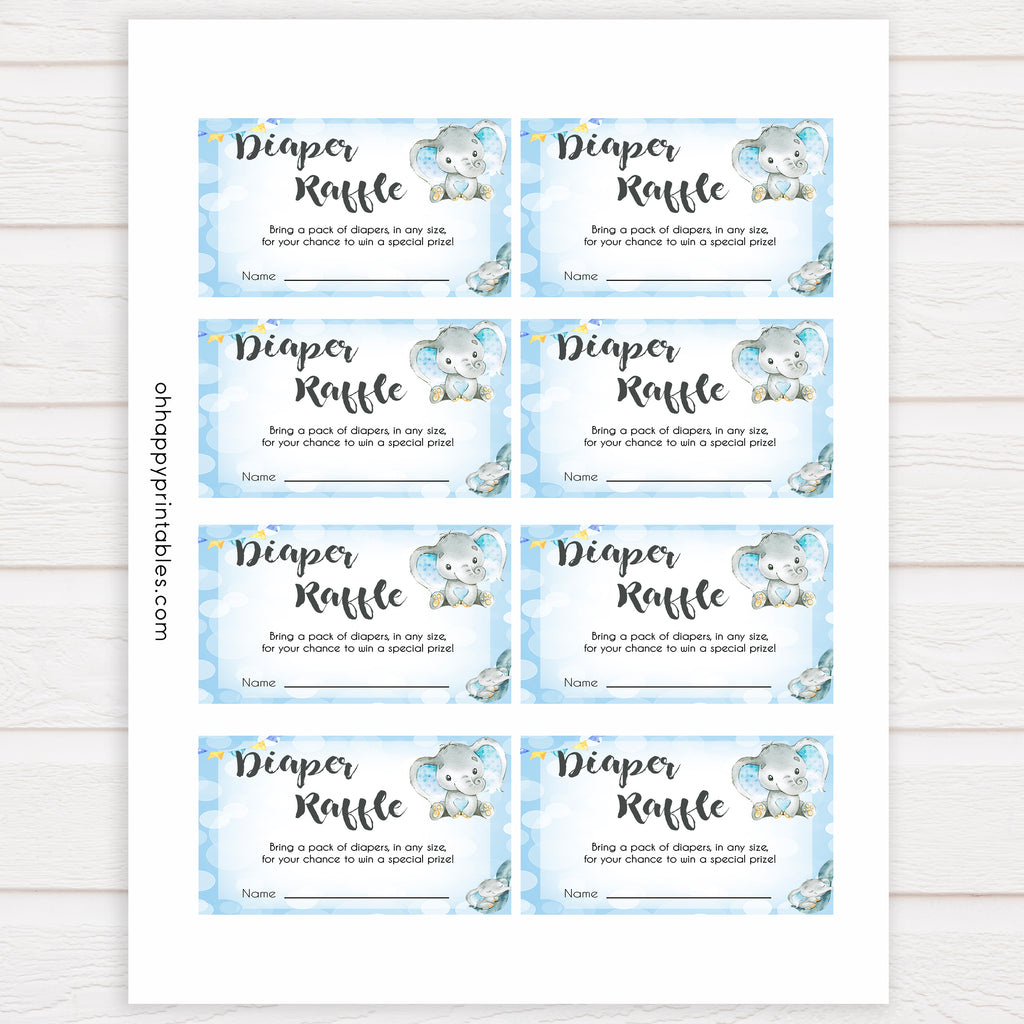 diaper raffle game blue elephants printable baby games