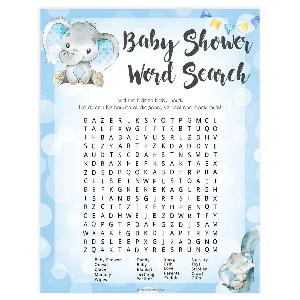 Baby Word Search Printable Blue Elephants Baby Shower Games Ohhappyprintables