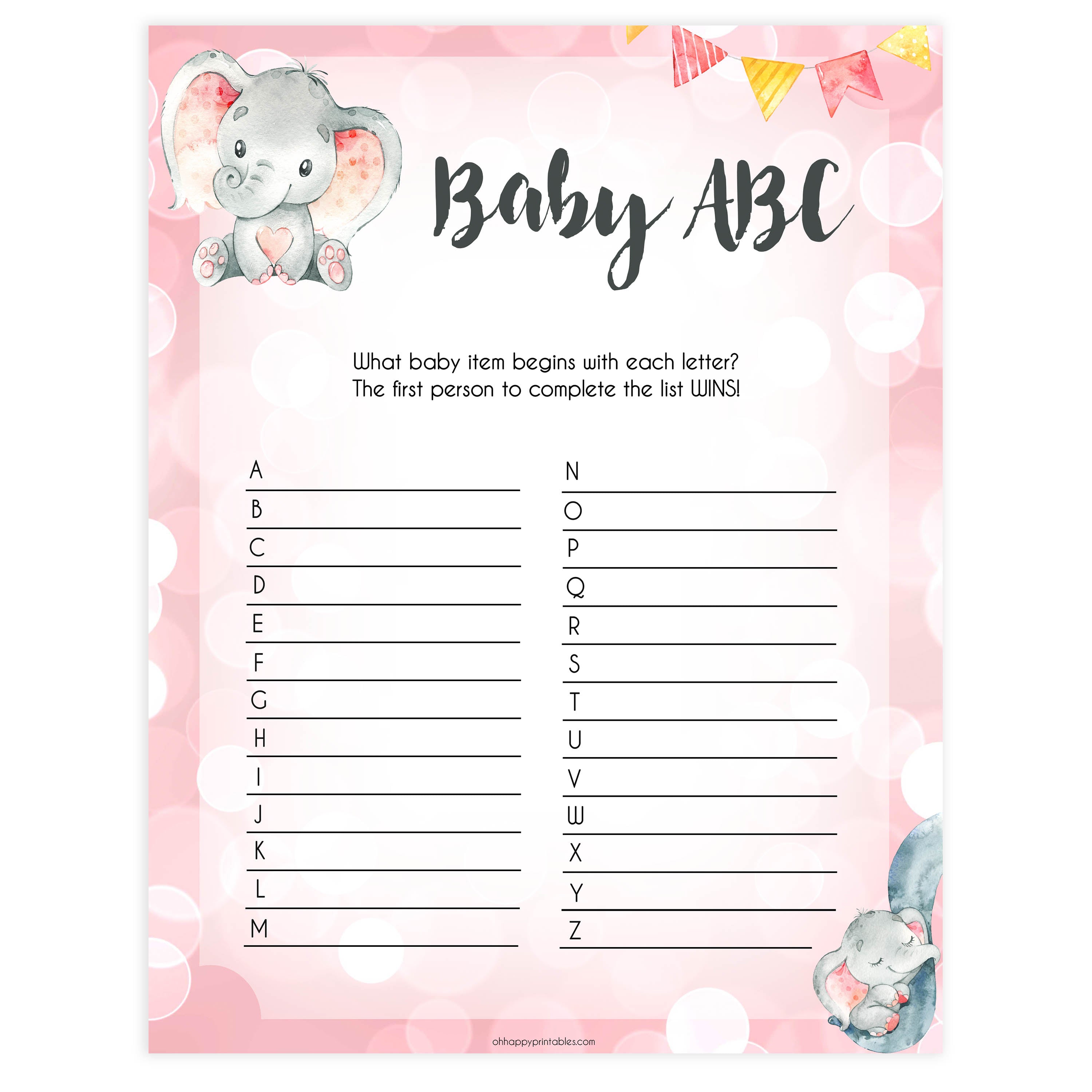 Xyz Xxx Co - Baby ABC Game - Printable Pink Elephant Baby Shower Games â€“  OhHappyPrintables