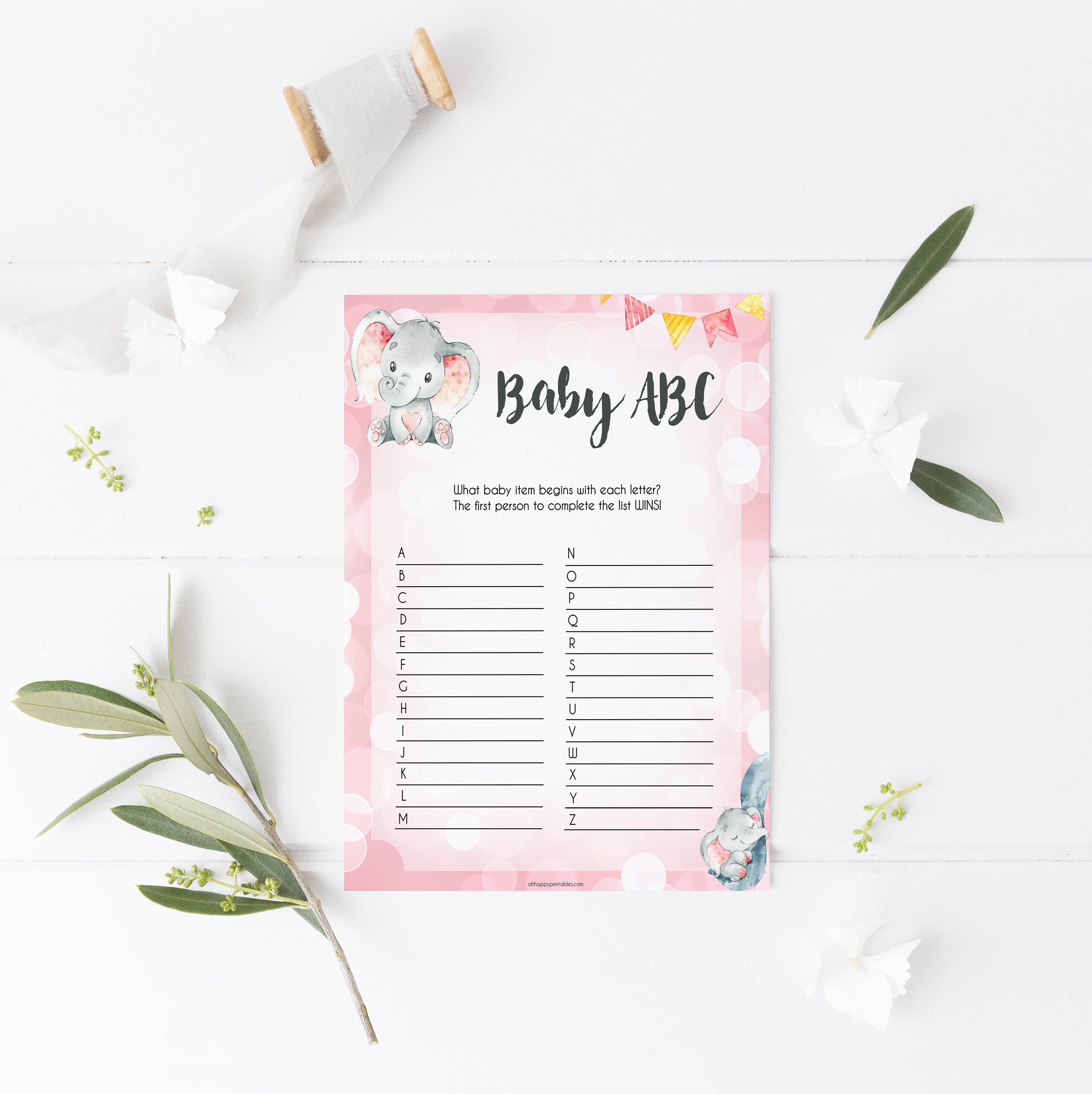 Xyz Xxx Co - Baby ABC Game - Printable Pink Elephant Baby Shower Games â€“  OhHappyPrintables