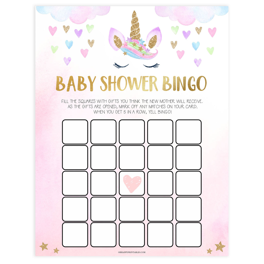 baby shower bingo unicorn printable baby shower games ohhappyprintables