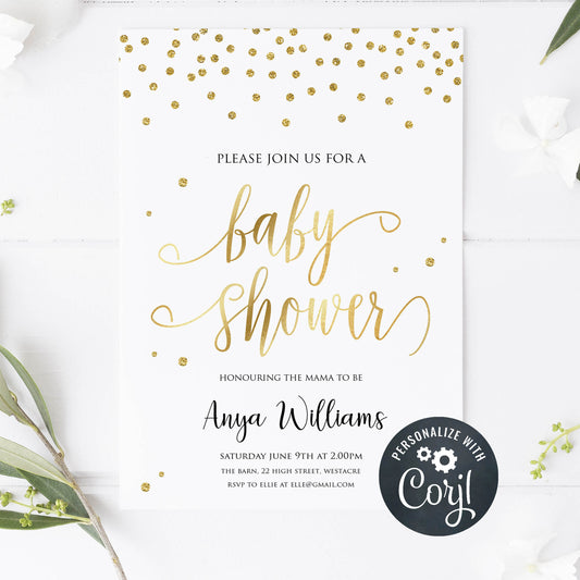 gold glitter baby shower invitation, gold baby shower, editable baby shower invites, baby shower invites