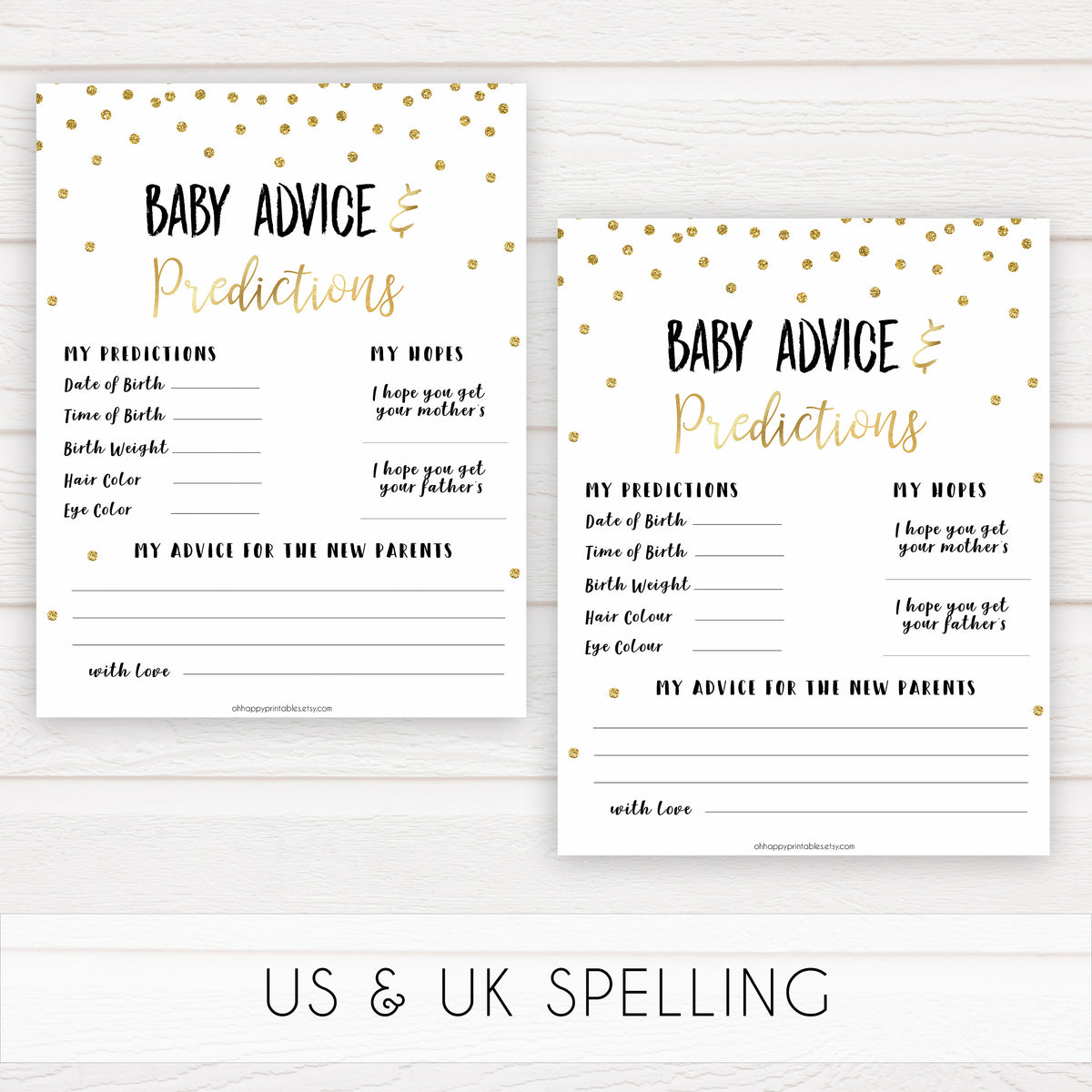New Baby Advice & Predictions Card - Gold Glitter Printable Baby Games ...