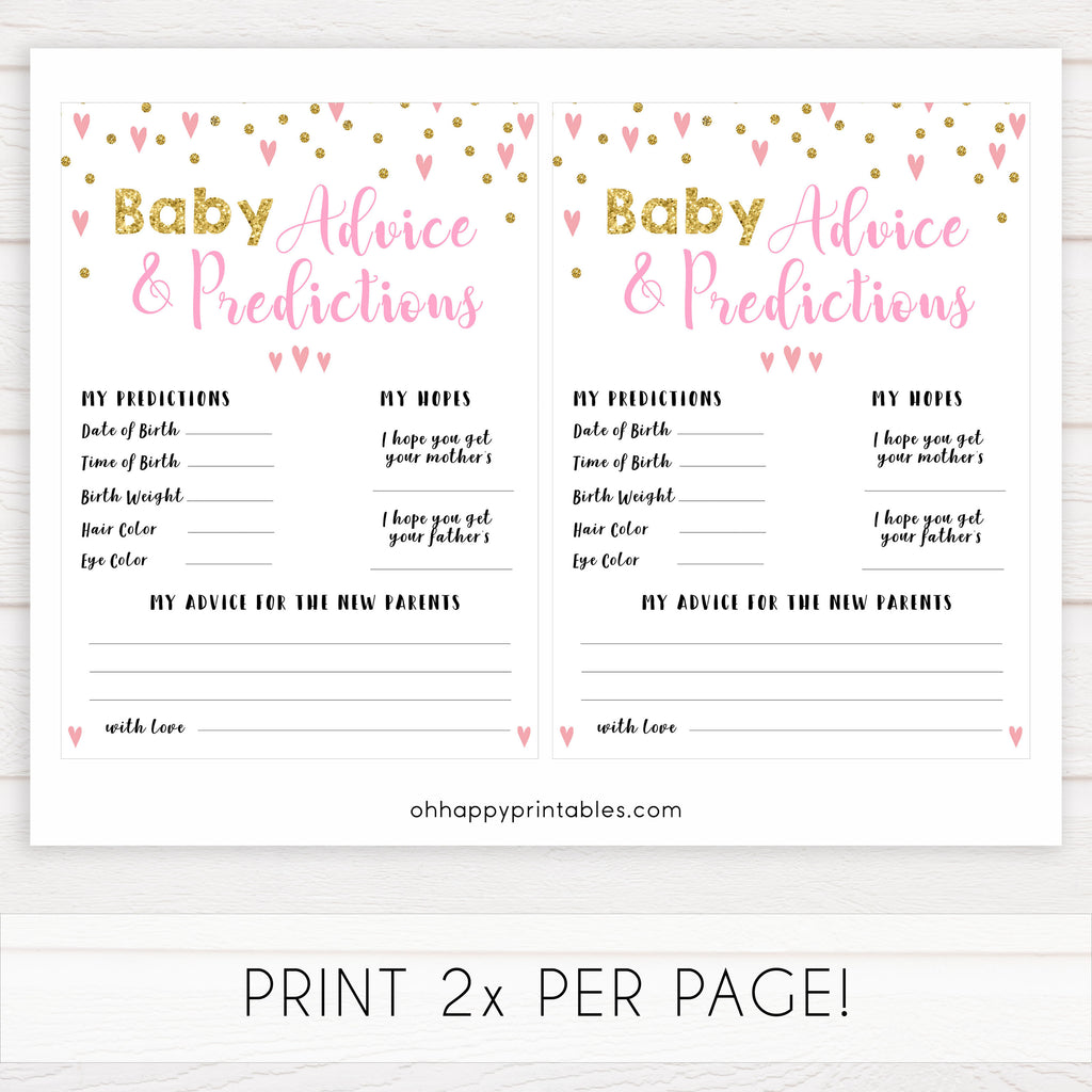 New Baby Advice & Predictions Card - Printable Pink Hearts Baby Games ...