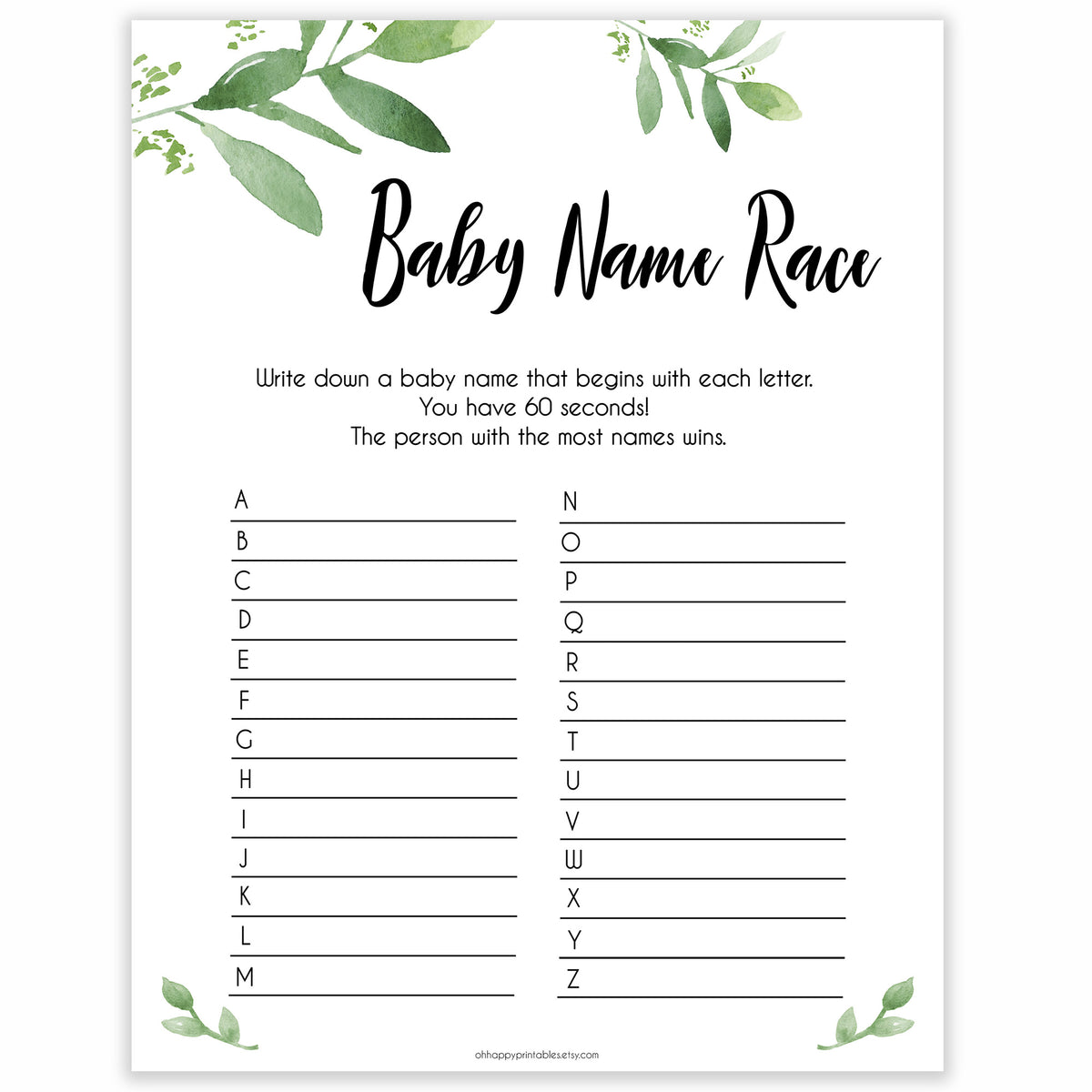 Baby Name Race Game Printable Botanical Baby Shower Games 