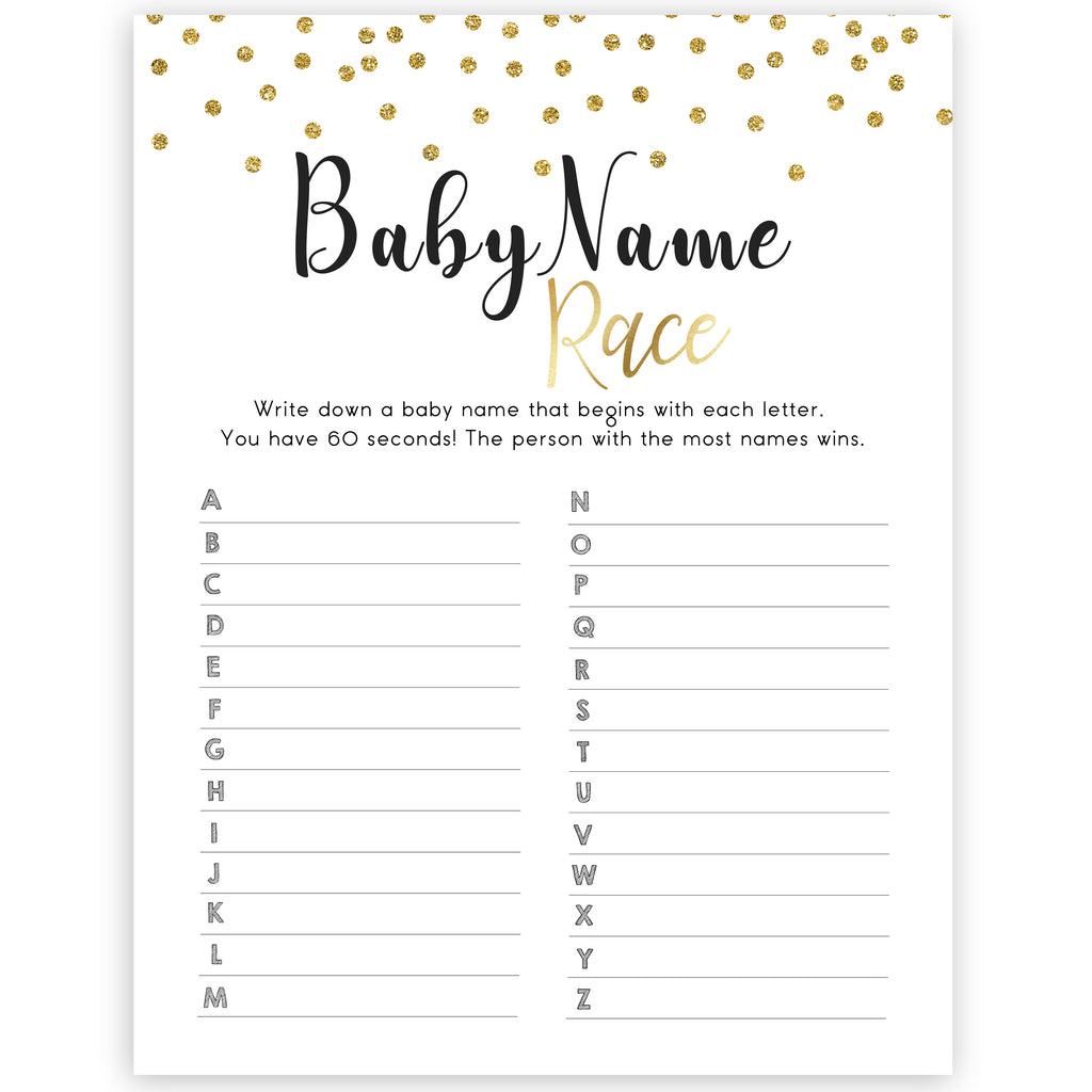 Baby Name Race Game Gold Glitter Printable Baby Shower Games