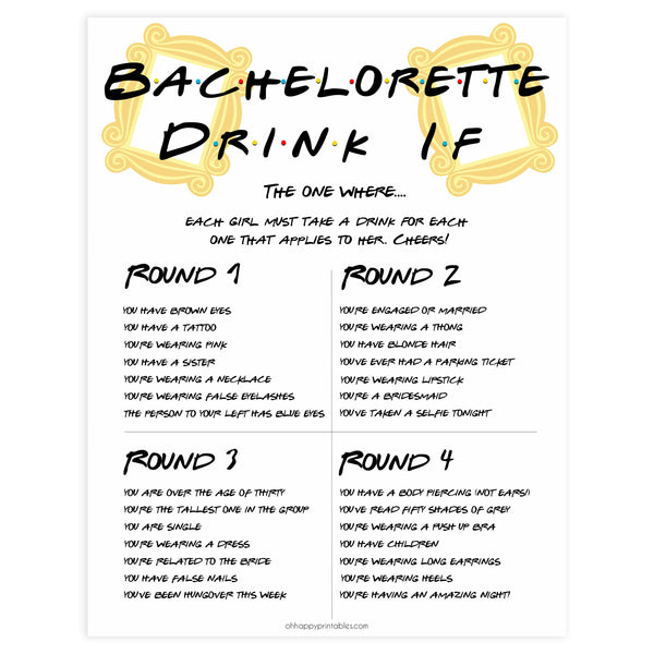 Bachelorette Drink If Game | Friends Bachelorette Printable Games ...
