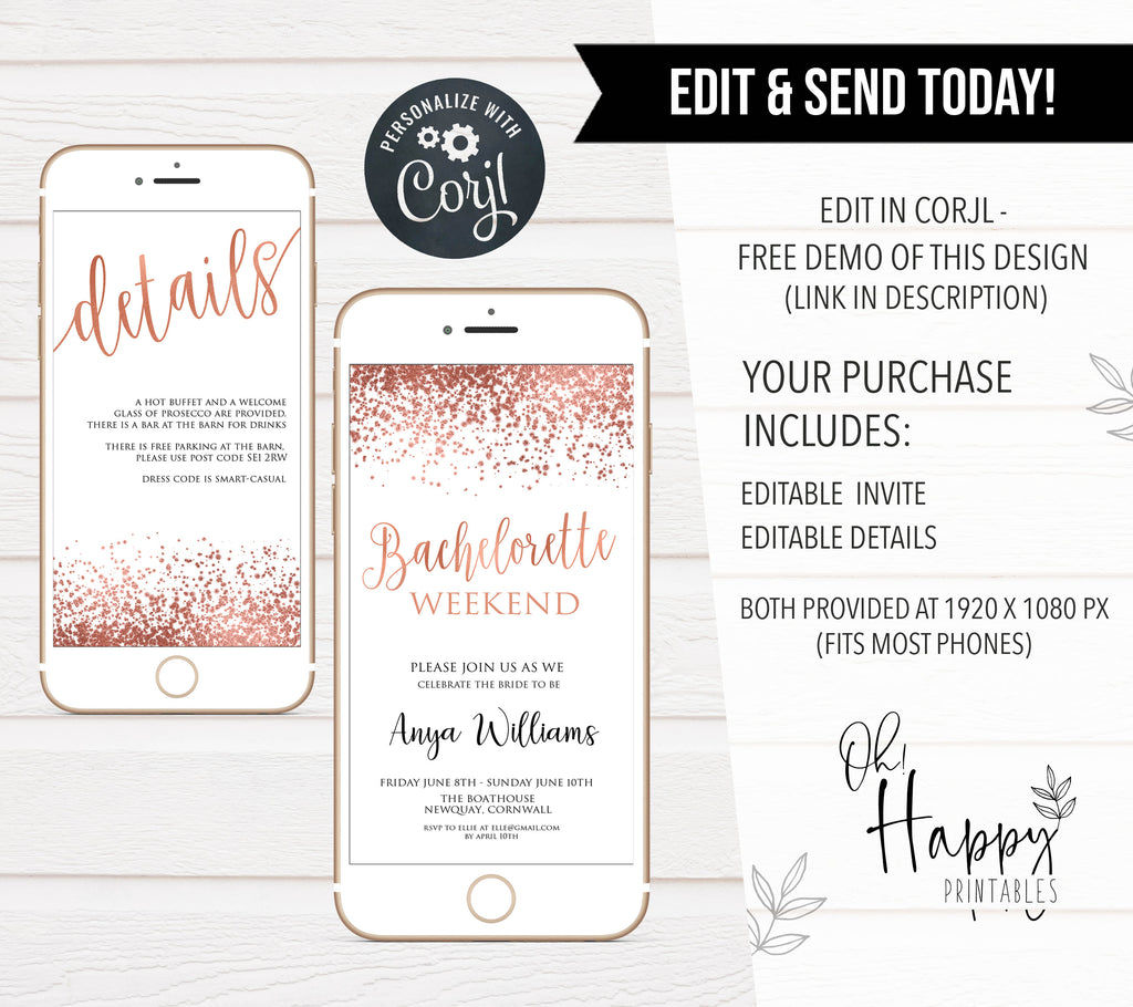 Digital Bachelorette Party Phone Invitation Rose Gold Bachelorette Ohhappyprintables