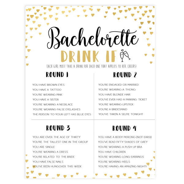 Bachelorette Drink If Game | Gold Hearts Bachelorette Games ...