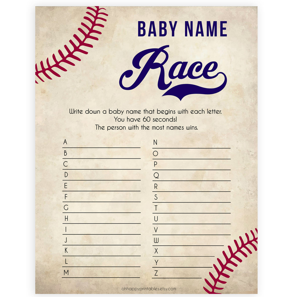 Baby Name Race Game - Baseball Printable Baby Shower Games ...