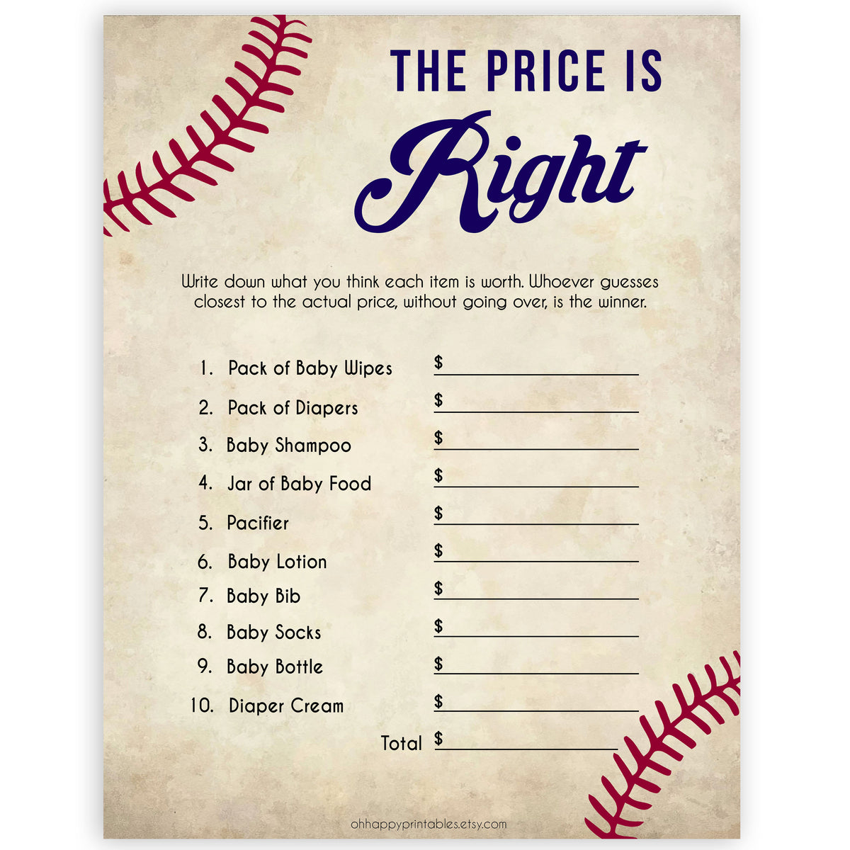 The Price is Right Game Baseball Printable Baby Shower Games