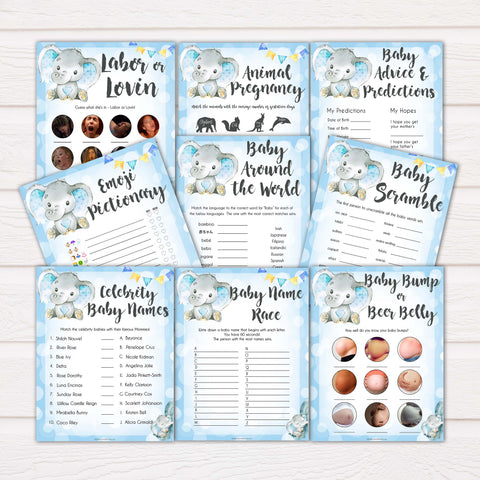 9 blue elephant baby shower games, baby shower games, baby games, baby shower ideas, its a boy baby games