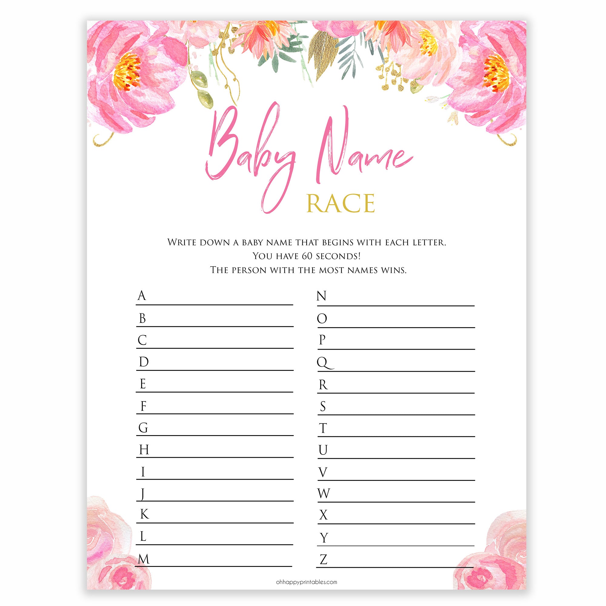 Baby Name Race Baby Game - Pink Blush Floral Printable Baby Games ...