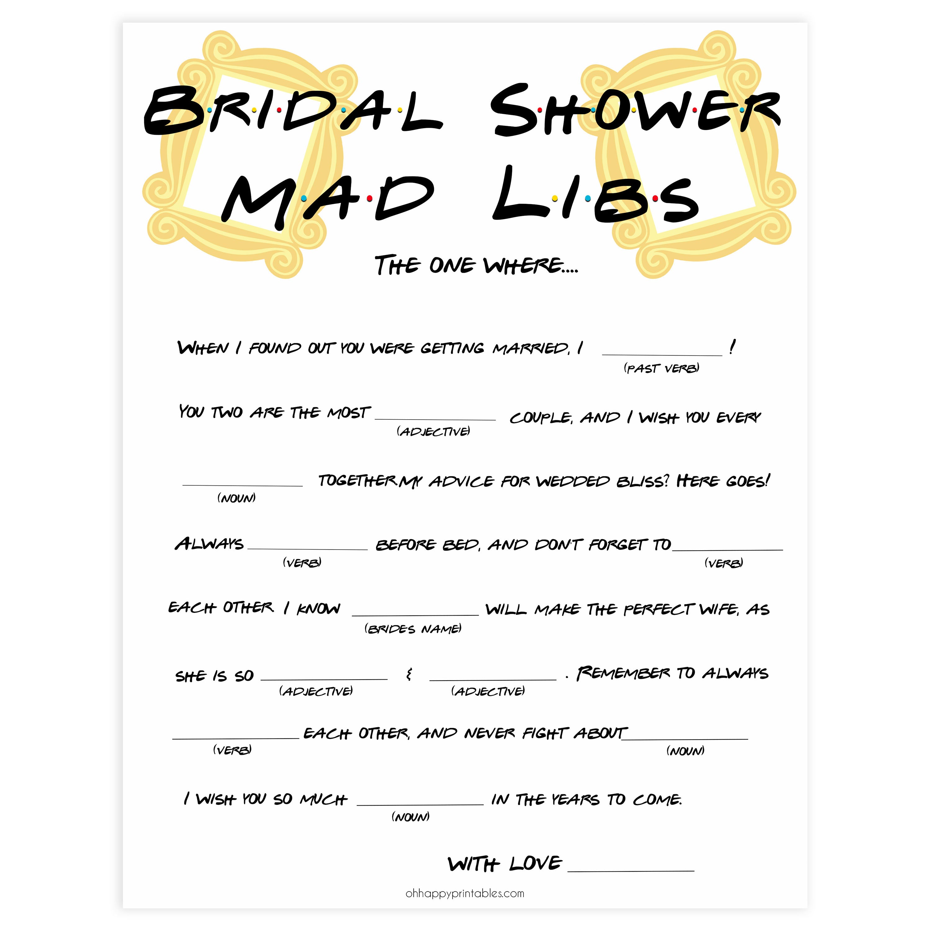 Lipapali tse Monate tsa Bridal Shower - Bridal Shower Mad Libs