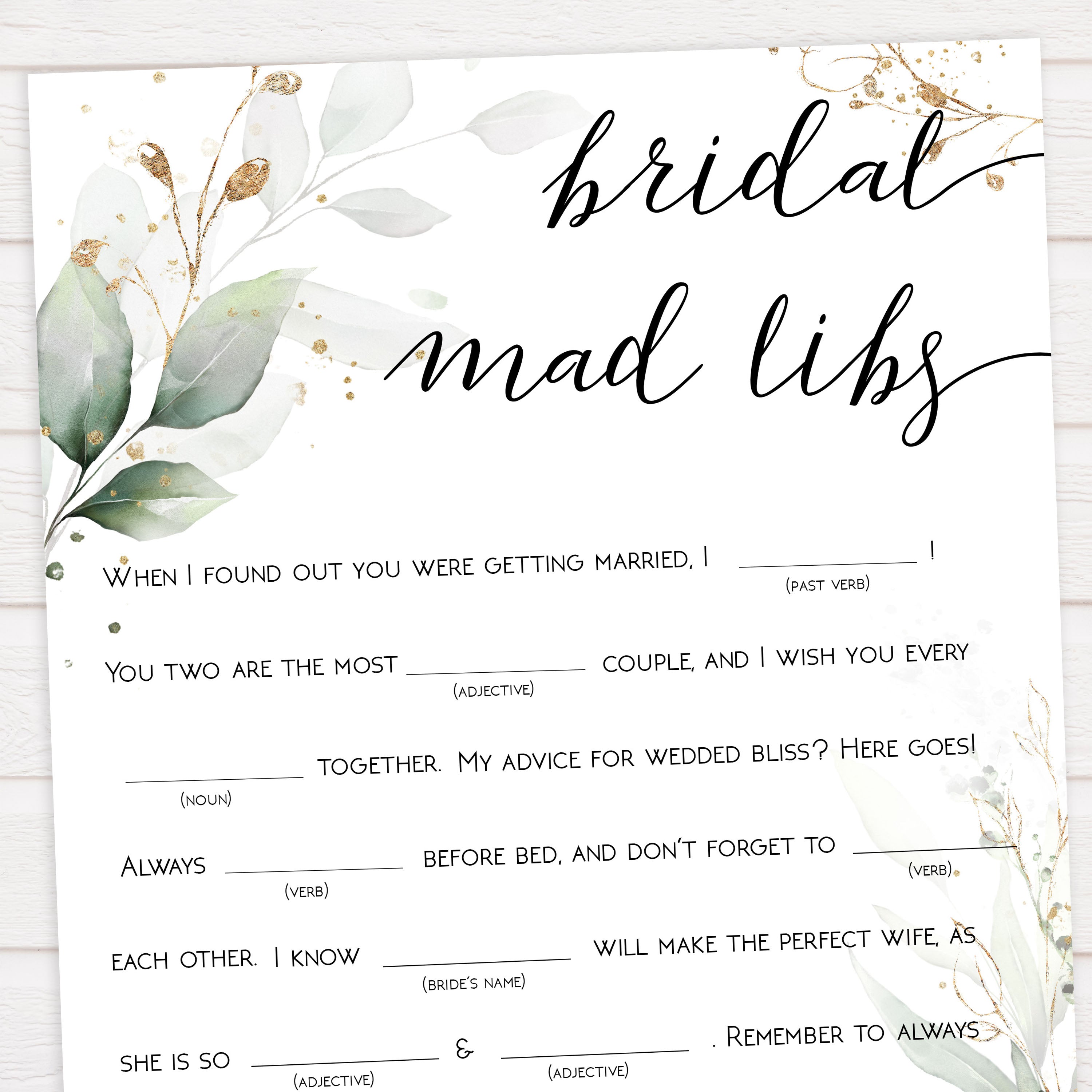 Bridal Mad Libs Game - Printable Gold Leaf Bridal Shower Games ...