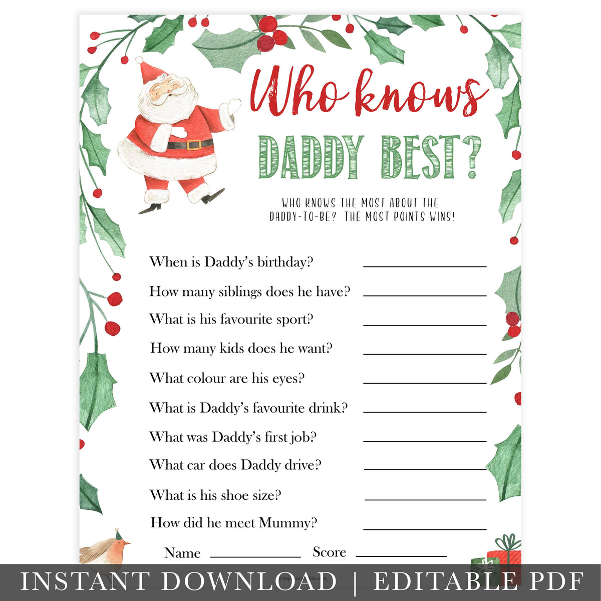 Who Knows Daddy Best Game - Christmas Printable Baby Games - OhHappyPrintables