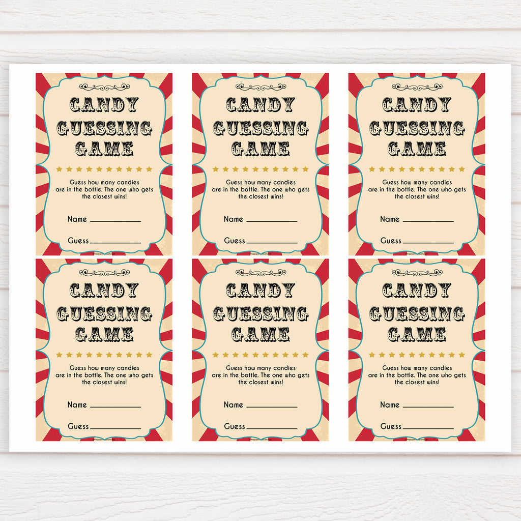 Candy Guessing Game - Circus Printable Baby Shower Games ...