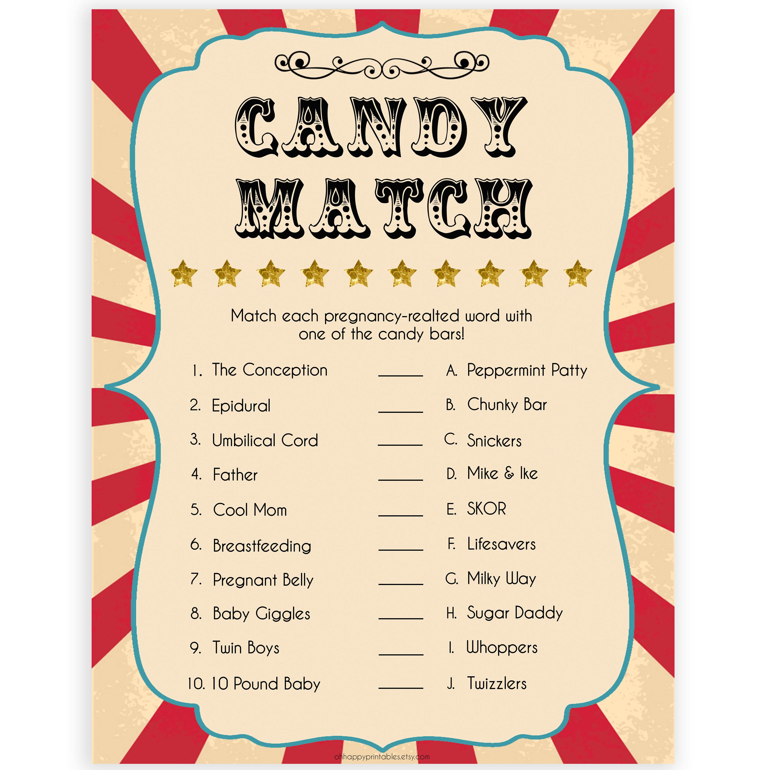 Pregnancy Candy Match - Circus Printable Baby Games – OhHappyPrintables