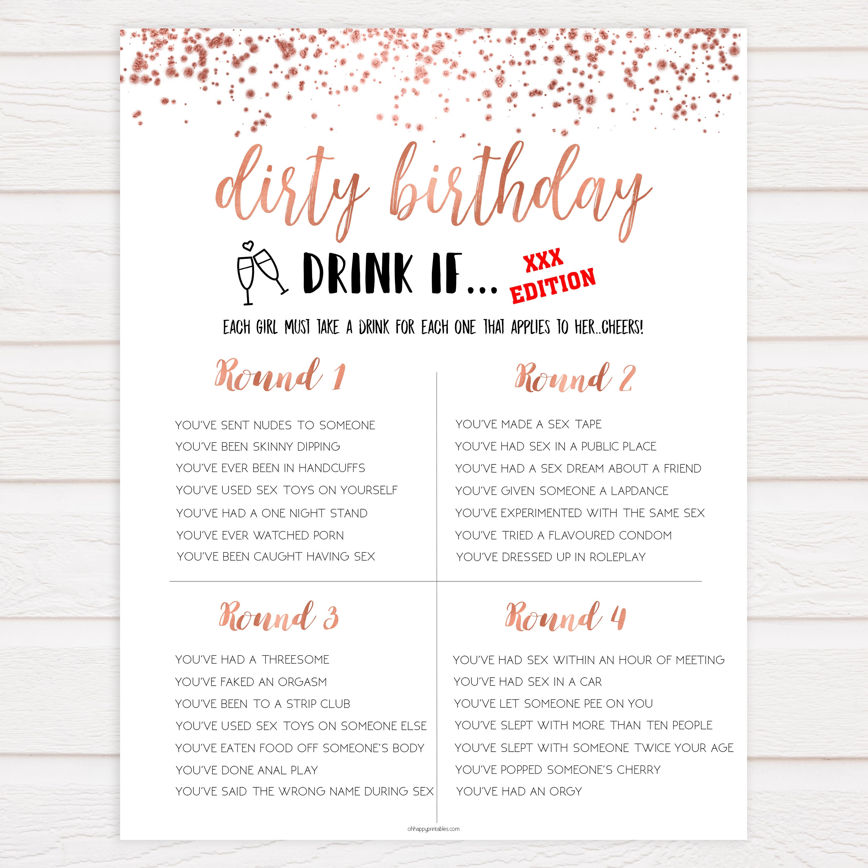 Drinking Sex Games Porn - Dirty Drink If Game | Printable Rose Gold Birthday Drink If Game â€“  OhHappyPrintables