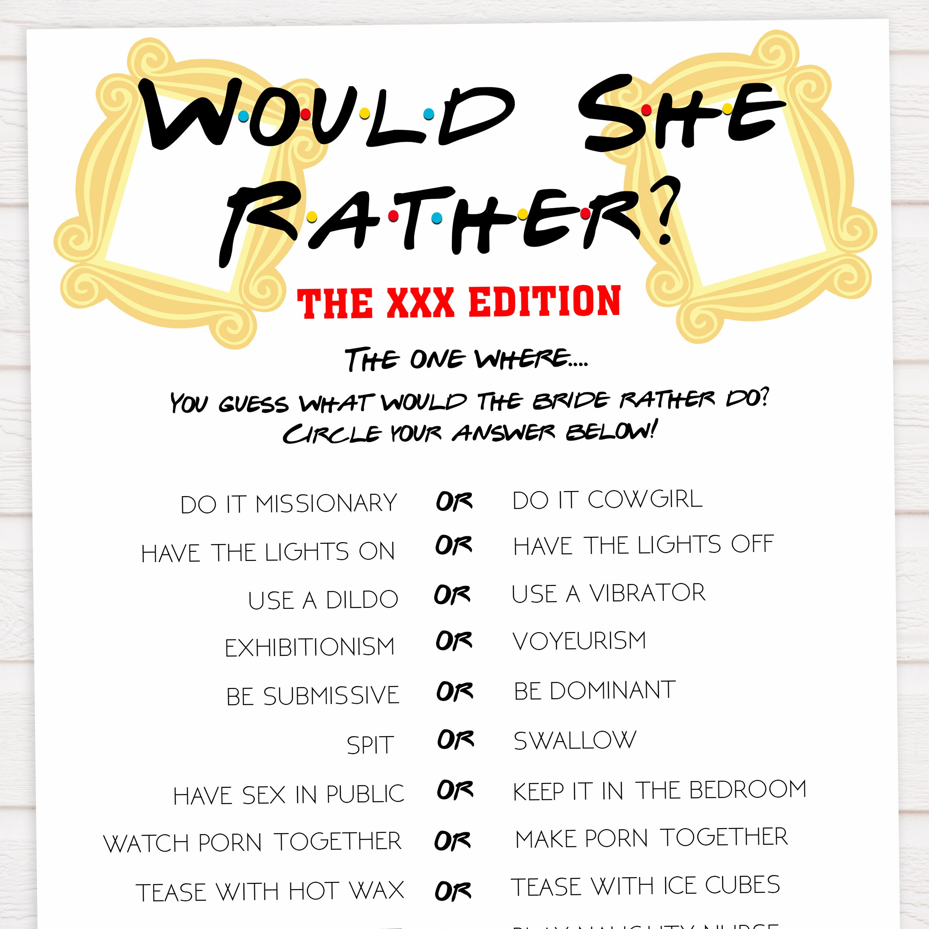 3000px x 3000px - XXX Would She Rather Game | Printable Adult Bachelorette Party Games â€“  OhHappyPrintables
